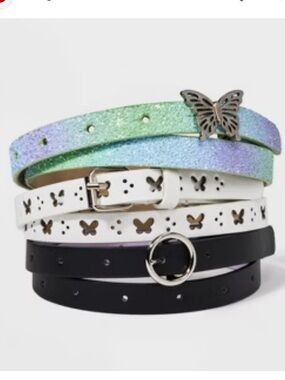 Cat & Jack 3 Belts Set Butterfly Glitter White Cutout & Black Ring Belt Size XL